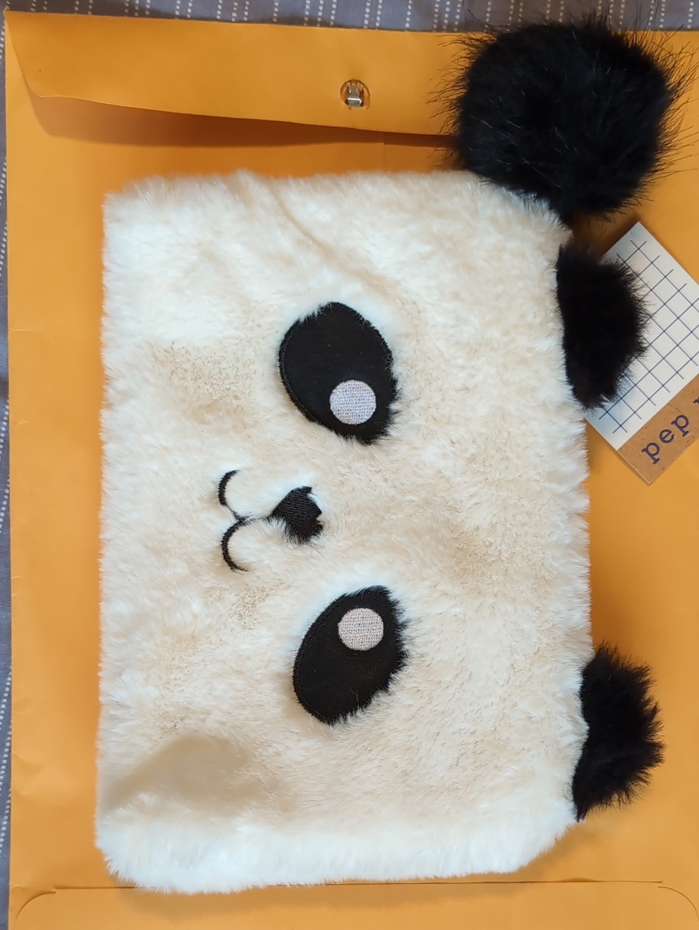 Kids Cream Panda Faux Fur Pencil Pouch with Black Pom Ears